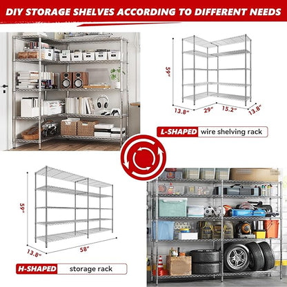 REIBII 58" W 5 Tier Heavy Duty Wire Shelving Unit with Adjustable Shelves - 1400LB Metal, Chrome - 58" W x 59" H x 13.8" D - Garage, Pantry, Kitchen
