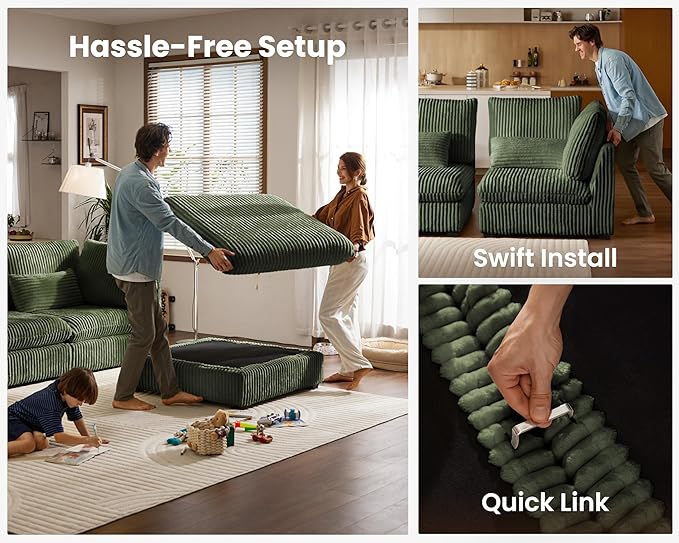 Oversized Modular Sofa, Extra Deep Cloud Corduroy Sectional Couch with Ottoman Chaise, Fluffy Chenille 8 Seater Couch Bed for Living Room, Villa (Sofa Bed 8 Seater, Corduroy Green)