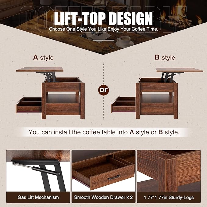 Rolanstar Coffee Table, 47.2" Lift Top Coffee Table with Drawers and Hidden Compartment, Retro Central Table with Wooden Lift Tabletop, for Living Room,Espresso