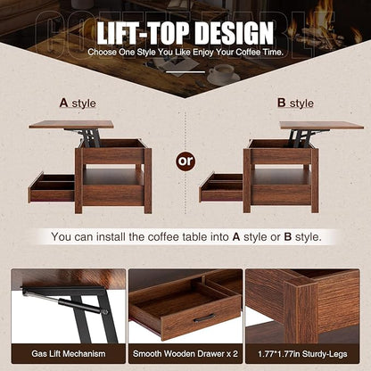 Rolanstar Coffee Table, 47.2" Lift Top Coffee Table with Drawers and Hidden Compartment, Retro Central Table with Wooden Lift Tabletop, for Living Room,Espresso