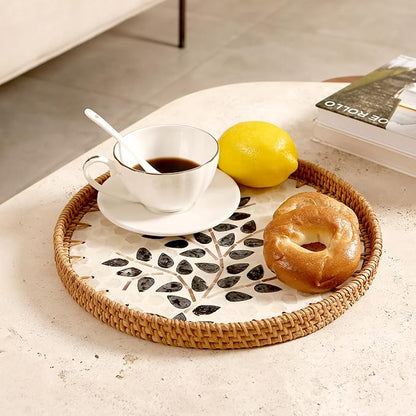 Round Rattan Tray with Mother of Pearl Inlay & Wooden Base - Decorative Wicker Serving Tray for Coffee/Bread/Fruits, Food Storage & Display - Multipurpose Home Decor (M,Little Tree)