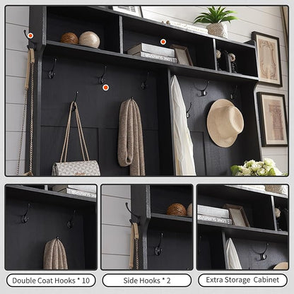JXQTLINGMU 59" Farmhouse Hall Tree with Shoe Storage, Entryway Bench with 20 Cubbies, 12 Hooks & Sliding Barn Doors, Mudroom Coat Rack Cabinet, Black