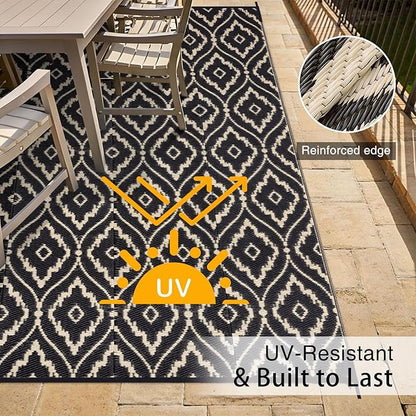 OLANLY Outdoor Rug 6x9 ft Waterproof, Outdoor Plastic Straw Rug with Geometric Pattern Clearance, Reversible RV Mat for Patio, Camping, Balcony, Deck, Backyard, Black & Beige