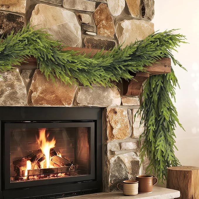 Artificial Norfolk Pine Garland - Faux Christmas Garland Fake Green Garland for Fireplace,Table, Stairs, Mantle, Window,Indoor Outdoor,Home,Holiday Decor (2 PCS,6 FT)