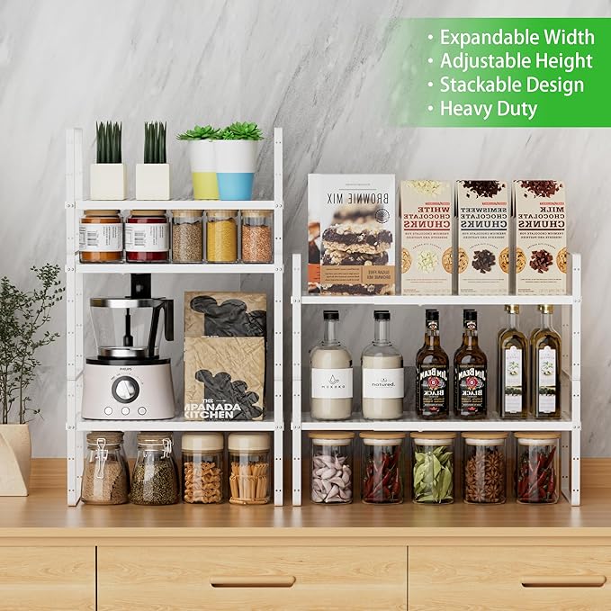 Expandable Cabinet Storage Shelf Stackable Organizer Rack for Kitchen Bathroom Pantry Spice Cupboard Coffee Countertop Home Office Desk Heavy Duty Nonslip White Large 3 Packs