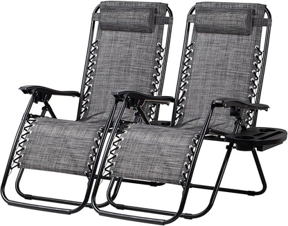 Nazhura Set of 2 Relaxing Recliners Patio Chairs Adjustable Steel Mesh Zero Gravity Lounge Chair Beach Chairs with Pillow and Cup Holder(Grey)