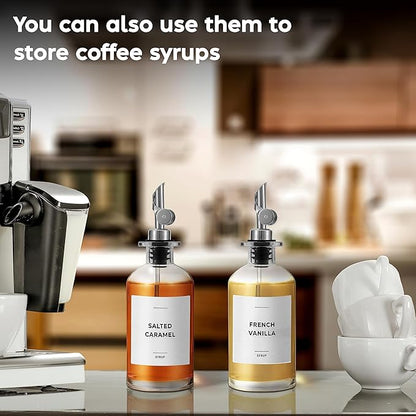 Olive Oil Dispenser Bottle - Includes 55 Kitchen Essential Labels - Cooking Oil Bottles for Kitchen, Coffee Syrup Dispenser - Pourer Spout with 11.8 fl oz Glass Container Cruet - 4pcs Silver