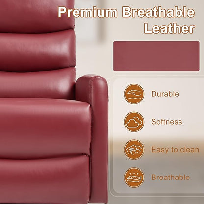 Manual Swivel Rocker Recliner Chair for Adults, Overstuffed Reclining Glider Chair for Nursing with Vibration Massage & Heat, Living Room Rocking Recliner 3-Stage backrest, Faux Leather Red
