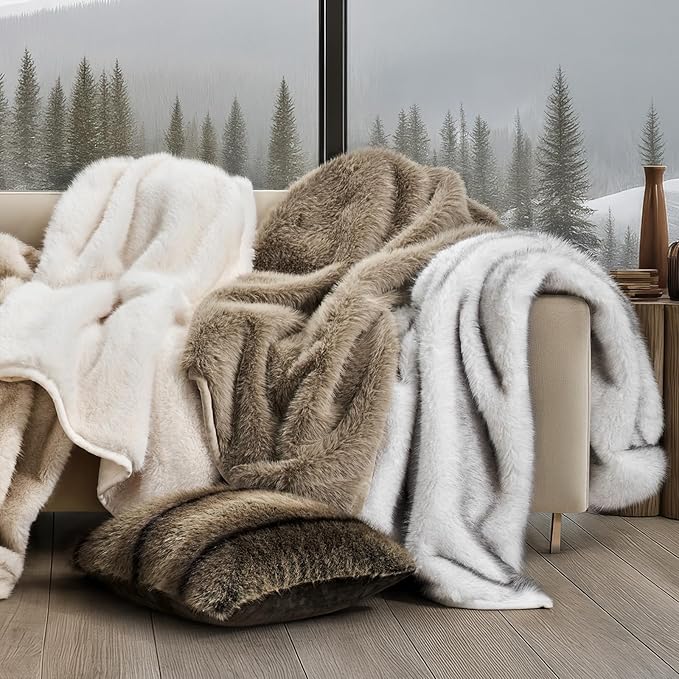 Luxury Faux Fur Throw Blanket, Soft Fluffy Faux Mink Blankets for Bed, Couch, Sofa, Thick Cozy Plush Warm Fur Throws with Reversible Velvet, Ivory Mink, 60"x80"