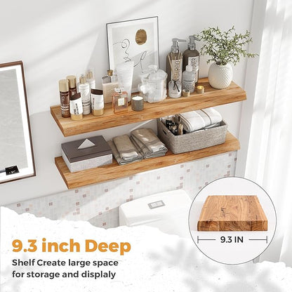 RICHFOCUS Live Edge Elm Floating Shelves - 36" W x 9.3" D Rustic Solid Wood Wall Shelves with Invisible Bracket, Wall-Mounted for Living Room, Bedroom, Kitchen Storage & Display, Set of 2, Natural