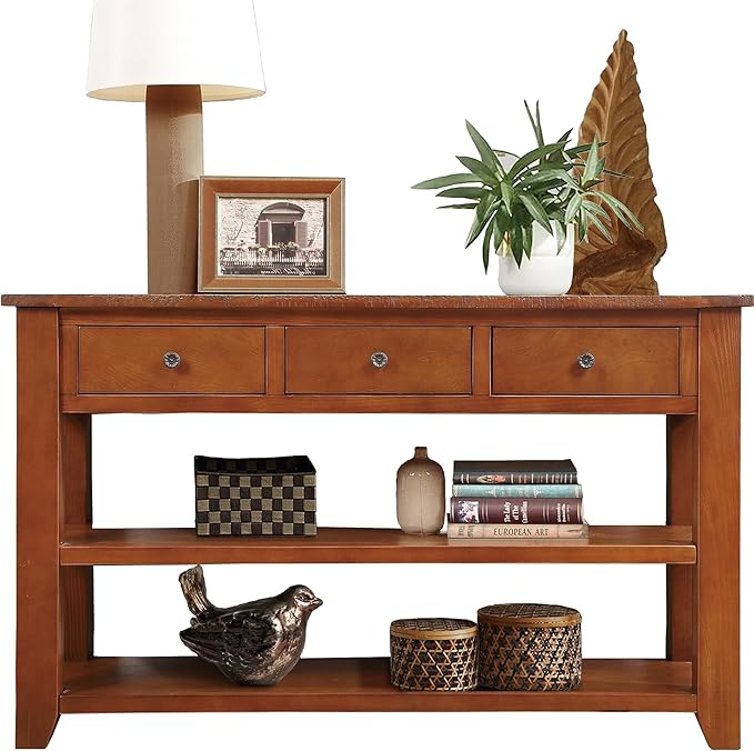 Solid Wood Console Table Entryway Table with Storage Drawers and Bottom Shelf Sofa Table for Entry Hallway Foyer Sofa Couch Table,Fully Assembled (48.8" Brown)