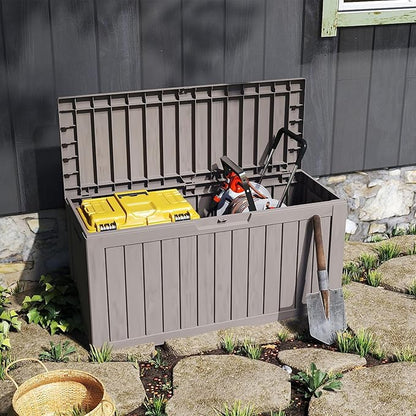 75 Gallon Double-Wall Resin Deck Box - Lockable Waterproof Outdoor Storage Box, 515lbs Capacity & Doubles as Seating for Patio Furniture - Garden Tools, Pool Accessories (Brown)