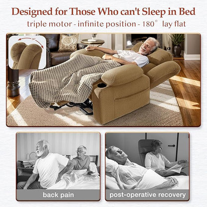 Three Motor Large-Wide Power Lift Chairs Recliners for Big and Tall Elderly, 180° Lay Flat Lift Chair, Infinite Position, Power Headrest, Heat & Vibration Massage (Plush Flannel, Camel Beige)