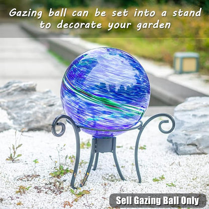 VCUTEKA Glass Outdoor Gazing Globe, Blue and Green Hand Painted Swirled Sphere for Patio Garden Gazing Ball Yard Ornament, 10 Inch