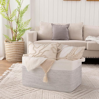OIAHOMY 95L Blanket Basket, 24”x17”x14”, Large Woven Baskets for Storage, Nursery Cotton Rope Basket with Handle, Living Room, Nursery, Bedroom,Toy Baskets Organizer Bins, Black and White