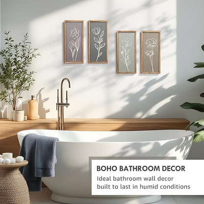 3D Wooden Floral Bathroom Wall Decor (Set of 4) Lightweight, Ready-to-Hang Framed Wall Art For Living Room, Bedroom, or Office - Premium Boho Botanical Farmhouse Decorations - Gift-Boxed