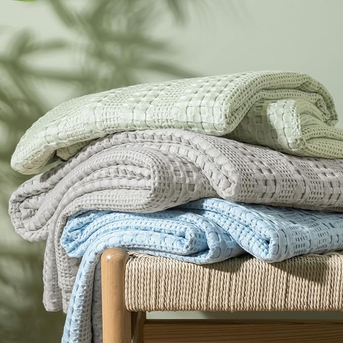 PHF Cooling Waffle Blanket Queen Size, Lightweight 60% Rayon Derived from Bamboo & 40% Cotton Breathable Blanket for Hot Sleepers, Soft and Luxury for Bed Couch and Sofa, 90"x90", Grey