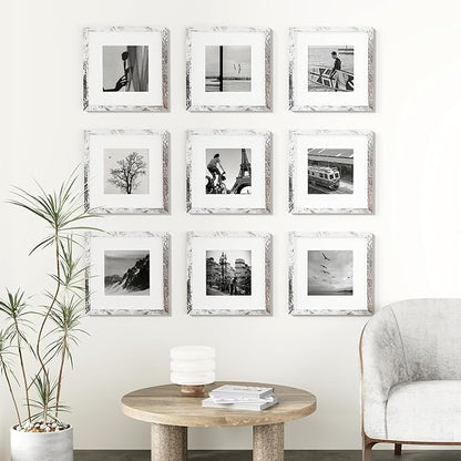 Vittanly 12x12 Picture Frames Set of 9, Shatter Resistant Plexiglass, Display 8x8 Pictures with Mat or 12x12 without Mat, Photo Frames for Wall Mount, Engineered Wood, Distressed White