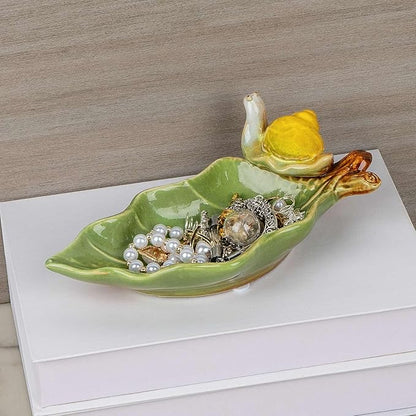 Jewelry Tray Snail Trinket Organizer Ceramic Leaf Tray Decorative Desk Storage Plate for Rings Earrings Necklaces Watch Coins Keys, Snail Soap Dish Holder, Key Bowl, Candy Dish (Green)