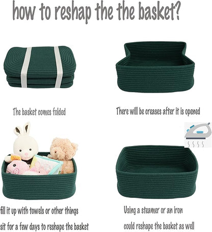 Small Woven Storage Baskets 13“X9”X5“ Decorative Rope Bins for Organizing Shelves, Closets, and Toys, Empty Gift Baskets, Cute Organizer Basket for Home and Office (dark green, Large)