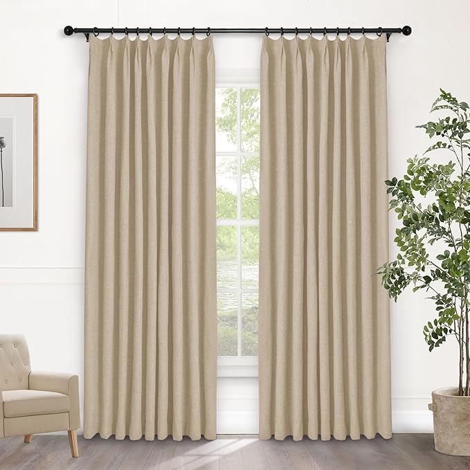 Macochico Pinch Pleated Blackout Curtains 102 Inches Long 100% Light Blocking Sand Beige Linen Drapes for Bedroom Living Room Farmhouse Shabby Chic Burlap Curtains with Tieback 72”Wx102”L 1 Panel