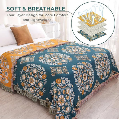 Boho Throw Blanket for Bed,100% Cotton Ultra Soft Lightweight Muslin 4-Layer Breathable Woven Throws 90''x 98'' Blanket Yellow Floral Printed Farmhouse Decor Bed Blankets