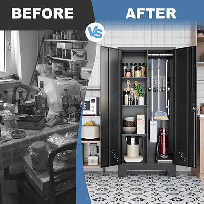 61" Broom Closet Storage Cabinet, Metal Storage Cabinet with Doors, Utility Cabinets for Brooms and Mops, Cleaning Tool Cabinets for Garage, Laundry Room, Bathroom