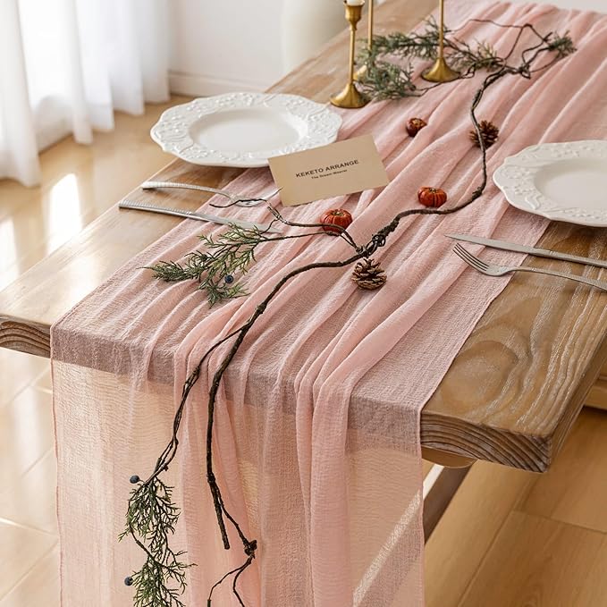 Keketo Pink Table Runner Cheese Cloth Rustic Gauze Cheesecloth Table Runner 120 Inch 10 FT for Wedding Baby Shower Bridal Shower Party Sheer Boho Home Tea Party Decorations