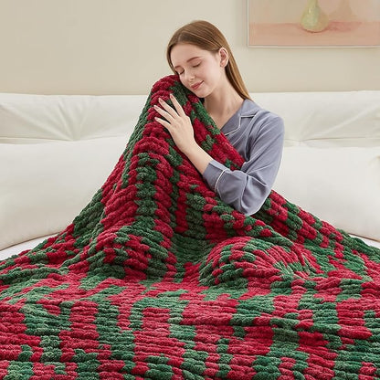 Chunky Knit Throw Blanket, 60''*80'' Knitted Throw Chenille Yarn for Bed Couch, Handmade Stripe Crochet Big Thick Blanket, Machine Washable Cute Comfy Blanket for Home Decor