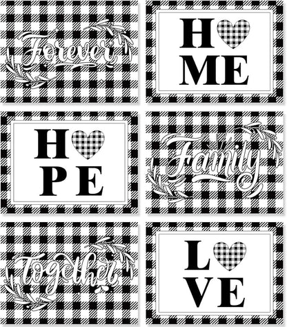 Love Family Placemats Set of 6 Buffalo Plaid Plastic Table Mats Black and White Plaid Place Mats Washable Vinyl Love Home Checkered Table Decoration for Indoor Outdoor Party Kitchen Dining