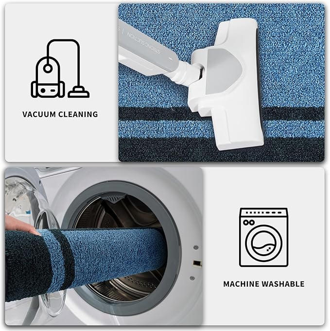 PURRUGS Dirt Trapping Door Mat 32" x 48", Non-Slip/Skid Machine Washable Entryway Rug, Shoes Scraper, Area Rug, Super Absorbent Welcome Mat for Muddy Wet Shoes and Paws, Light Blue & Navy