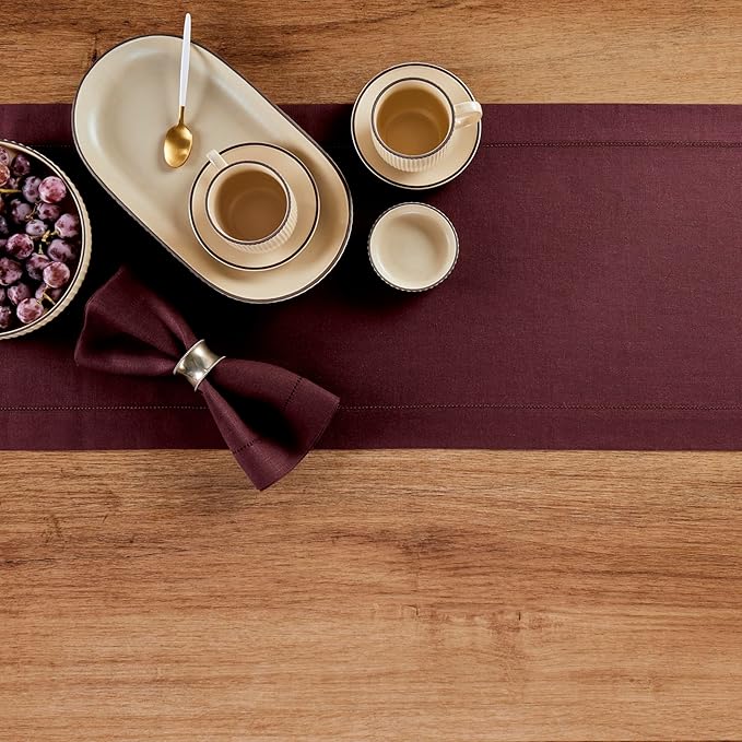 Solino Home Linen Burgundy Table Runner 72 Inches Long - 100% Pure Linen Hemstitch Table Runner 14 x 72 Inch for Dresser, Dining, Fall, Autumn, Halloween, Thanksgiving - Classic Hemstitch