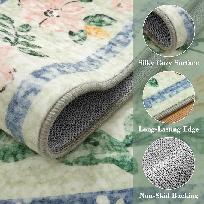 Wonnitar 10x14 Machine Washable Area Rugs, Green Floral Large Rugs for Living Room, Ultra-Thin Foldable Boho Flower Print Bedroom Carpet for Dorm Apartment Office