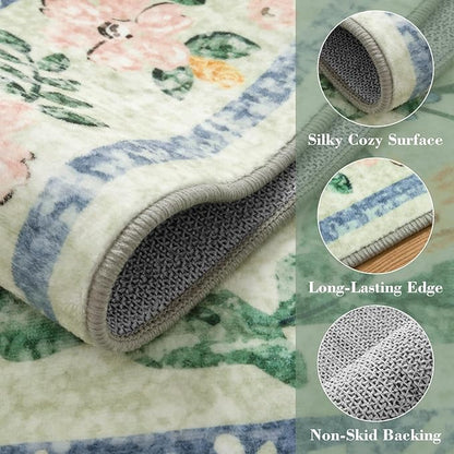 Wonnitar 10x14 Machine Washable Area Rugs, Green Floral Large Rugs for Living Room, Ultra-Thin Foldable Boho Flower Print Bedroom Carpet for Dorm Apartment Office