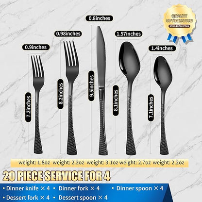 Hammered Black Silverware Set,20 Piece Modern Flatware Set Service for 4,Mirror Polished Stainless Steel Cutlery Set Utensil Set Tableware Set,Kitchen Knives Forks Spoons Set,Dishwasher Safe