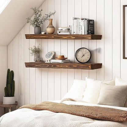 36"x6.8"x1.6" Slanted Floating Wall Shelves 2-Pack - Rustic Brown Finish, Heavy-Duty Solid Wood Design with Hidden Brackets - Perfect for Living Room, Kitchen, Bathroom, or Office