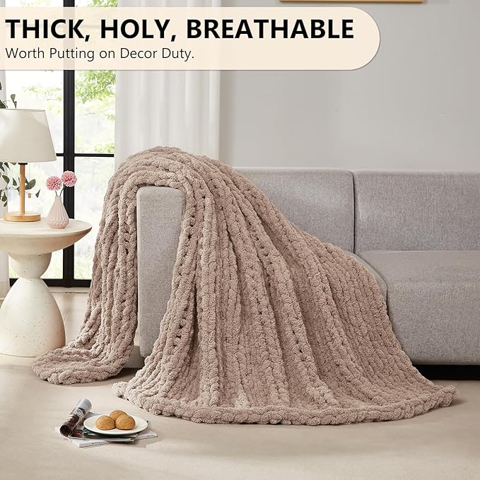 L'AGRATY Chunky Knit Blanket Throw: 50''x60'' Chenille Chunky Knitted Throw Blanket for Bed Couch - Handmade Thick Big Cable Knit Blanket - Large Crochet Rope Blanket for Home Decor(Light Taupe)