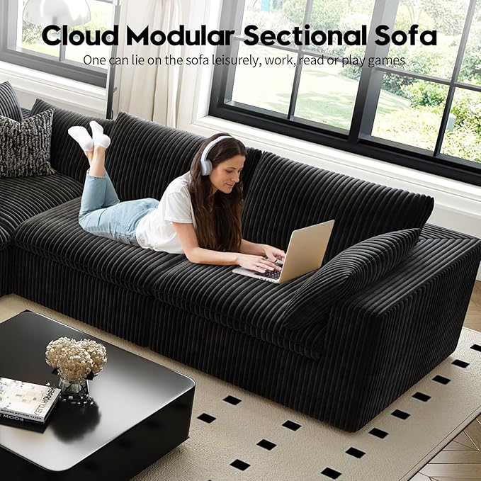 118" Cloud Couch Modular Sectional Sofa for Living Room,Modern Sofa with Deep Seat，L-Shape Boneless Couch with Ottoman,Comfy Upholstered Corduroy Couches for Apartment, Studio, Office,Bedroom，Black