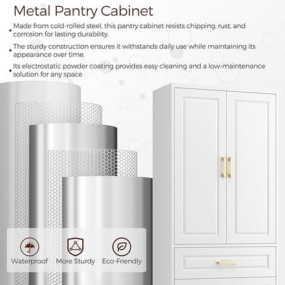 75" Kitchen Pantry Cabinet, Metal Storage Cabinets with Doors and Adjustable Shelves, White Tall Pantry Cabinet with 3 Drawers for Dinning Living Room