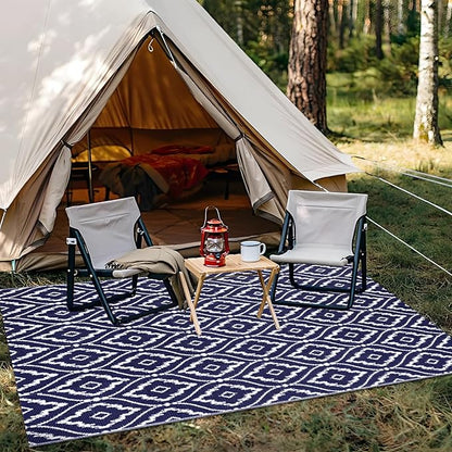 OLANLY Outdoor Rug 5x8 ft Waterproof, Outdoor Plastic Straw Rug with Geometric Pattern Clearance, Reversible RV Mat for Patio, Camping, Balcony, Deck, Backyard, Navy & White