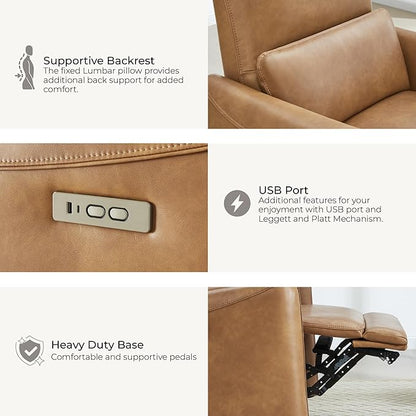 CHITA Power Recliner Chair Swivel Glider, FSC Certified Upholstered Faux Leather Living Room Nursery Reclining Sofa Chair with Lumbar Support, Cognac Brown