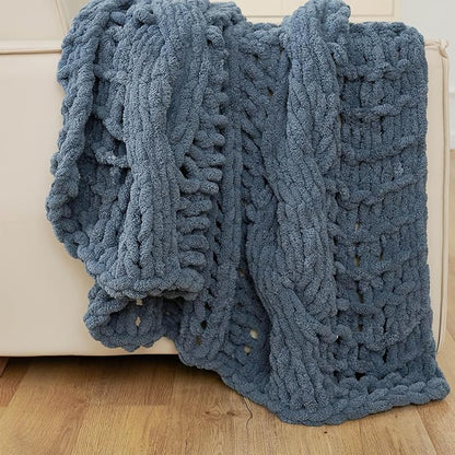 Esterra Chunky Knit Blanket Throw 50"x60", 100% Hand Knitted Chenille Throw Blanket, Cozy Soft Thick Cable Knit Throw Large Rope Knot Crochet Throw Blanket for Sofa Couch Bed, Blue Mirage
