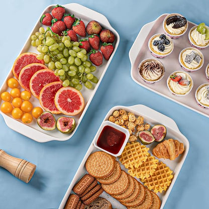 Dizada Large Serving Platter with Handles, 16" x 9" Porcelain Serving Tray, White Rectangular Platters for Entertaining & Serving Food, Serving Trays for Party, Appetizer, Charcuterie - Set of 3
