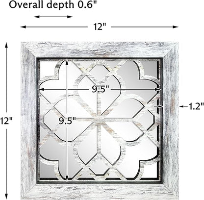 4pcs Farmhouse Wall Mirror with Carved Floral Design -Rustic Mirror Decor for Home, 12x12 inch(Grey)