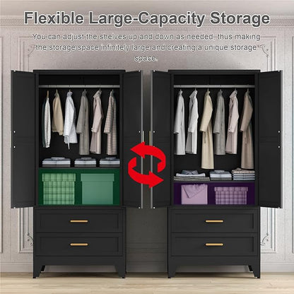 71'' Farmhouse Metal Wardrobe Cabinet with Hanging Rod, 2 Barn Door Wardrobe Closet with Adjustable Shelves,2 Drawer,for Dining Room,Bedroom,Living Room, Cloak Room,Office (Black)