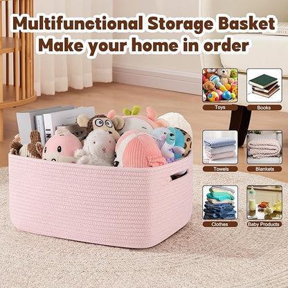 OIAHOMY Storage Basket for Shelves, Closet Cube Storage Bins Baskets for Clothes Blanket Towels, Baby Nursery, Toy Baskets Box, Woven Rope Basket, 17.72*12.99*7.87 IN, 2 Packs Mixed Pink