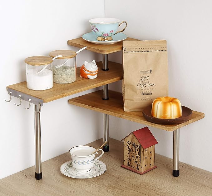 HYNAWIN Corner Shelf, 3 Tier Bamboo & Metal Storage Spice Rack-Desk, Space Saving Bookshelf with Hooks, Adjustable Display Shelf for Creative Home Décor Kitchen, Bedroom, Office (21CO)