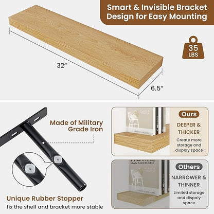 fuqing Floating Shelves for Wall, Bathroom Shelf Wall Mounted for Storage, Shelves with Invisible Bracket for Bedroom, Kitchen, Living Room, Farmhouse Small Book Shelf, 32 Inch Set of 2, Oak