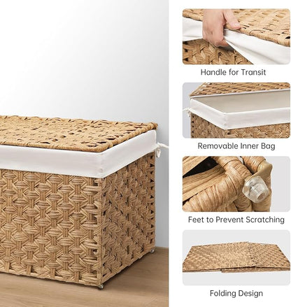 Wicker Storage Basket with Lid, 27.7 Gallon (105L) Large Blanket Basket with Lid, Woven Storage Bin with Handles, Removable Liner, Metal Frame, Foldable, for Bedroom, Laundry Room, Natural
