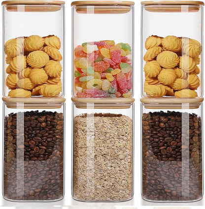 50oz Glass Food Storage Jars Set of 6,Glass Storage Containers Clear Glass Food Canister with Bamboo Lid Airtight For Serving Tea, Coffee, Flour, Sugar, Candy, Cookie, Spice and More (Square)